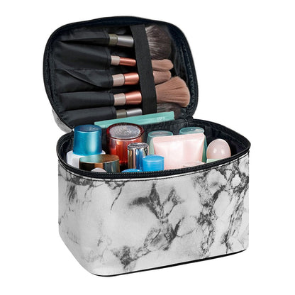 White Dark Grey Marble Print Travel Makeup Bag