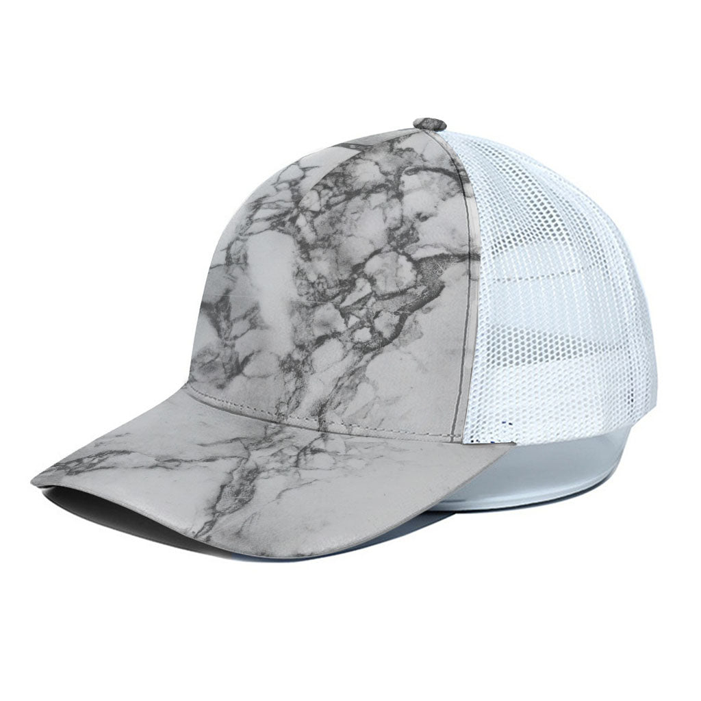 White Dark Grey Marble Print White Mesh Trucker Cap
