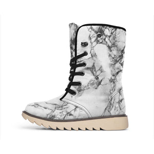 White Dark Grey Marble Print Winter Boots