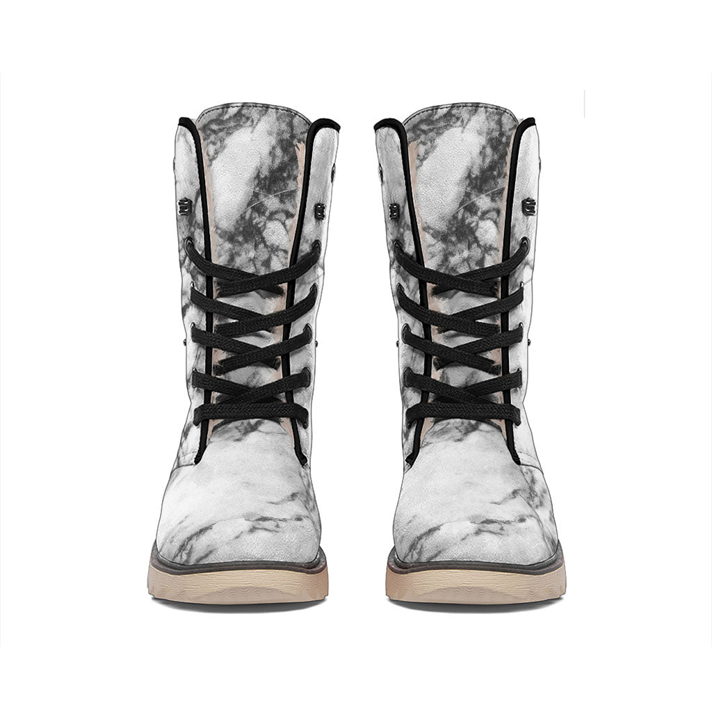 White Dark Grey Marble Print Winter Boots