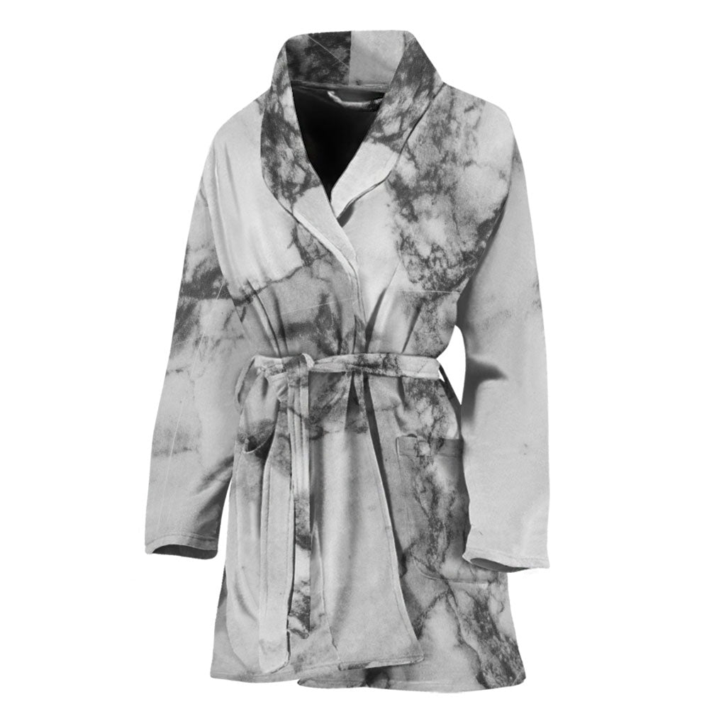White Dark Grey Marble Print Women's Bathrobe