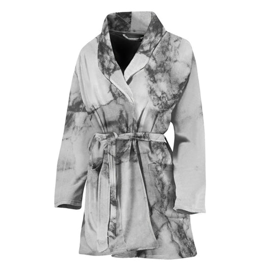 White Dark Grey Marble Print Women's Bathrobe