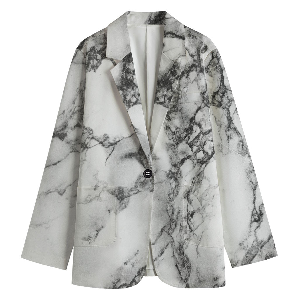White Dark Grey Marble Print Women's Blazer