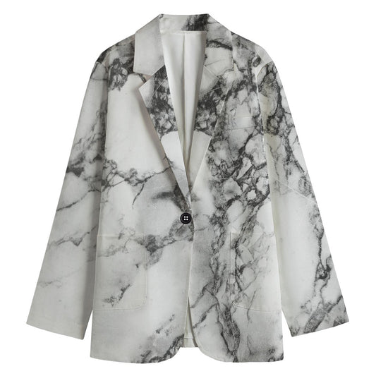White Dark Grey Marble Print Women's Blazer
