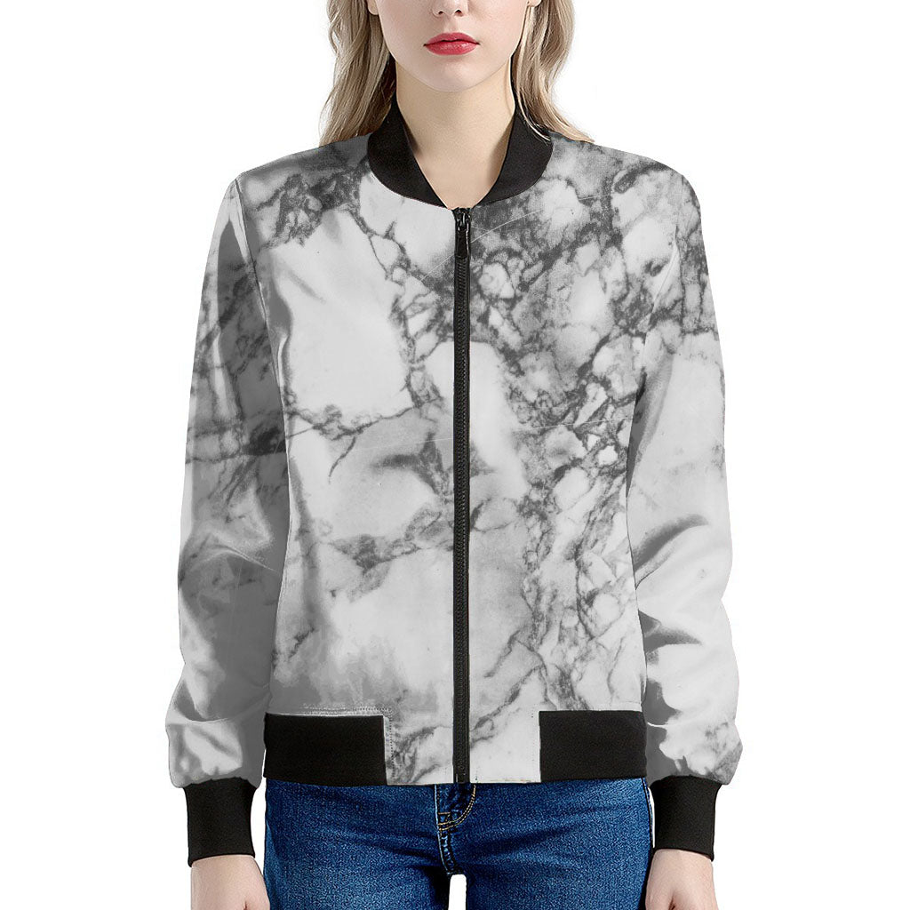 White Dark Grey Marble Print Women's Bomber Jacket