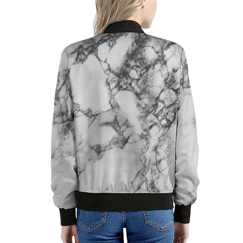 White Dark Grey Marble Print Women's Bomber Jacket