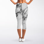 White Dark Grey Marble Print Women's Capri Leggings