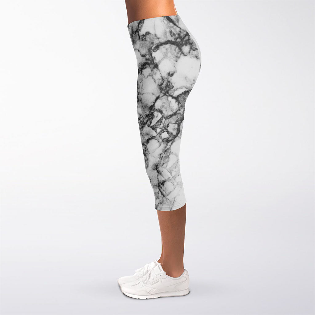 White Dark Grey Marble Print Women's Capri Leggings