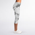 White Dark Grey Marble Print Women's Capri Leggings
