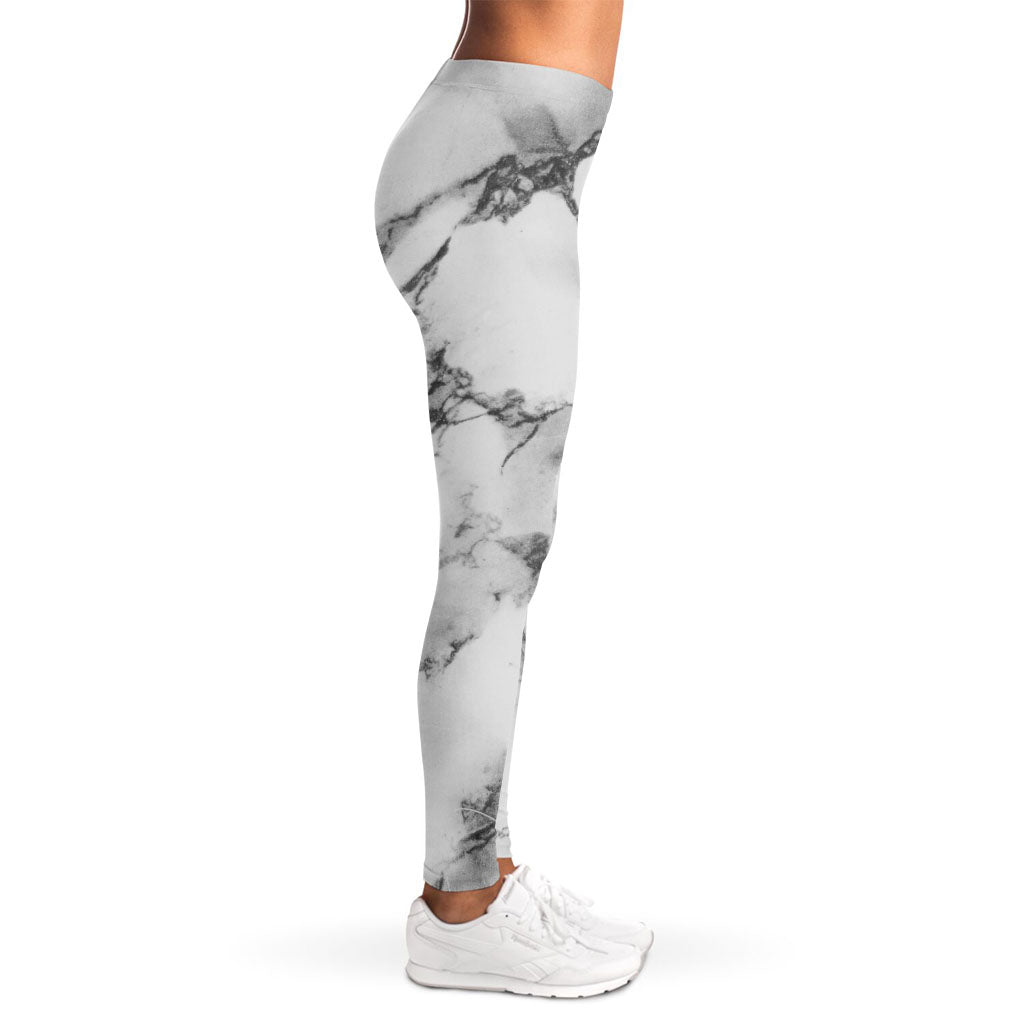 White Dark Grey Marble Print Women's Leggings
