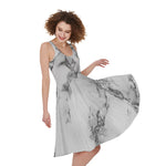White Dark Grey Marble Print Women's Sleeveless Dress