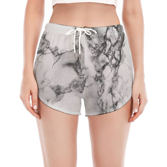White Dark Grey Marble Print Women's Split Running Shorts