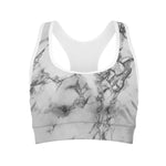 White Dark Grey Marble Print Women's Sports Bra