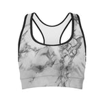 White Dark Grey Marble Print Women's Sports Bra