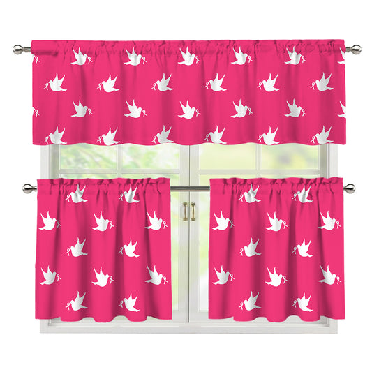 White Dove Breast Cancer Pattern Print 3 Piece Kitchen Curtains