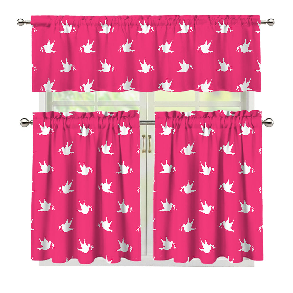 White Dove Breast Cancer Pattern Print 3 Piece Kitchen Curtains