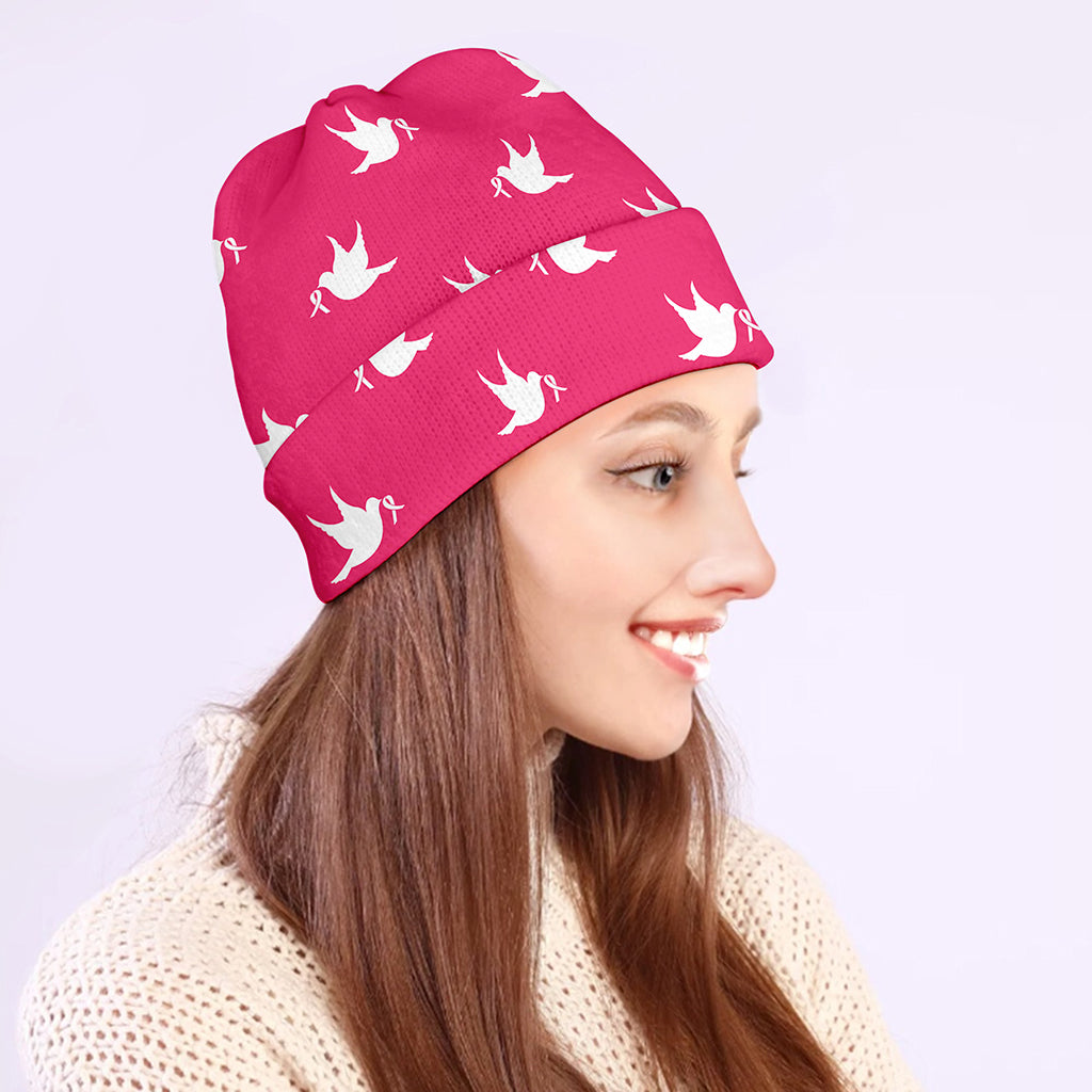 White Dove Breast Cancer Pattern Print Beanie