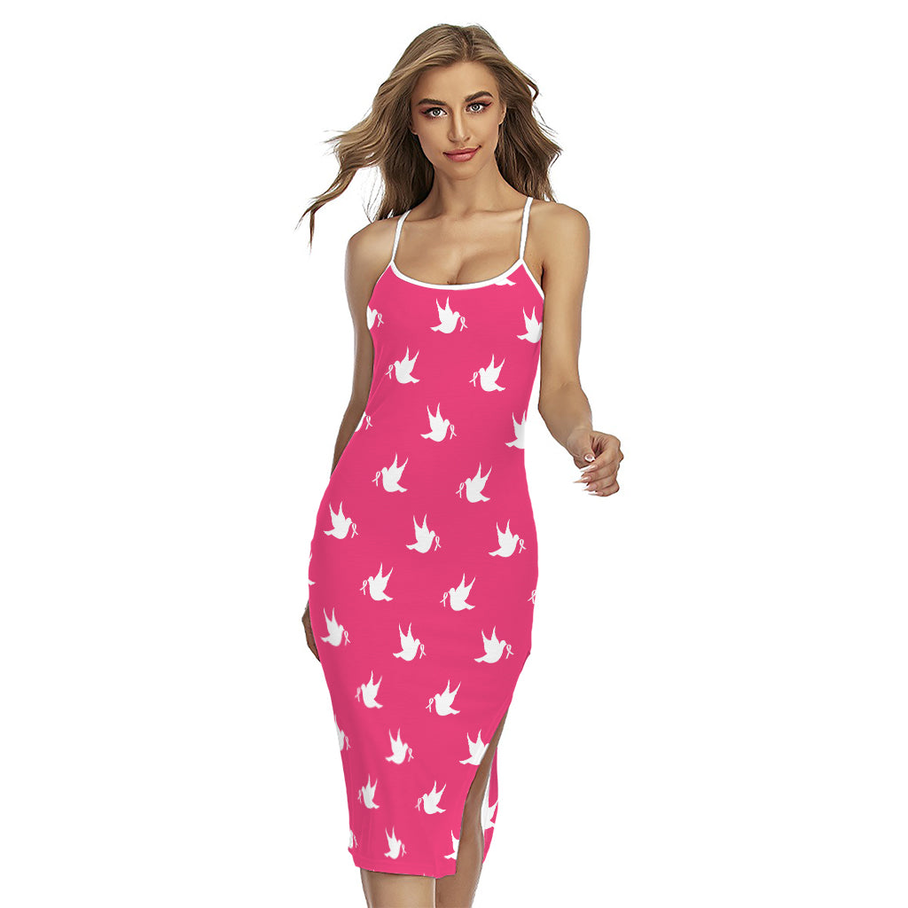 White Dove Breast Cancer Pattern Print Cross Back Cami Dress