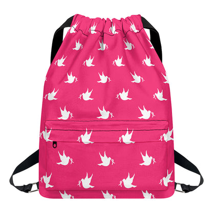 White Dove Breast Cancer Pattern Print Drawstring Backpack