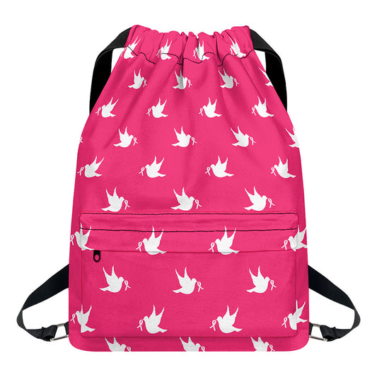 White Dove Breast Cancer Pattern Print Drawstring Backpack