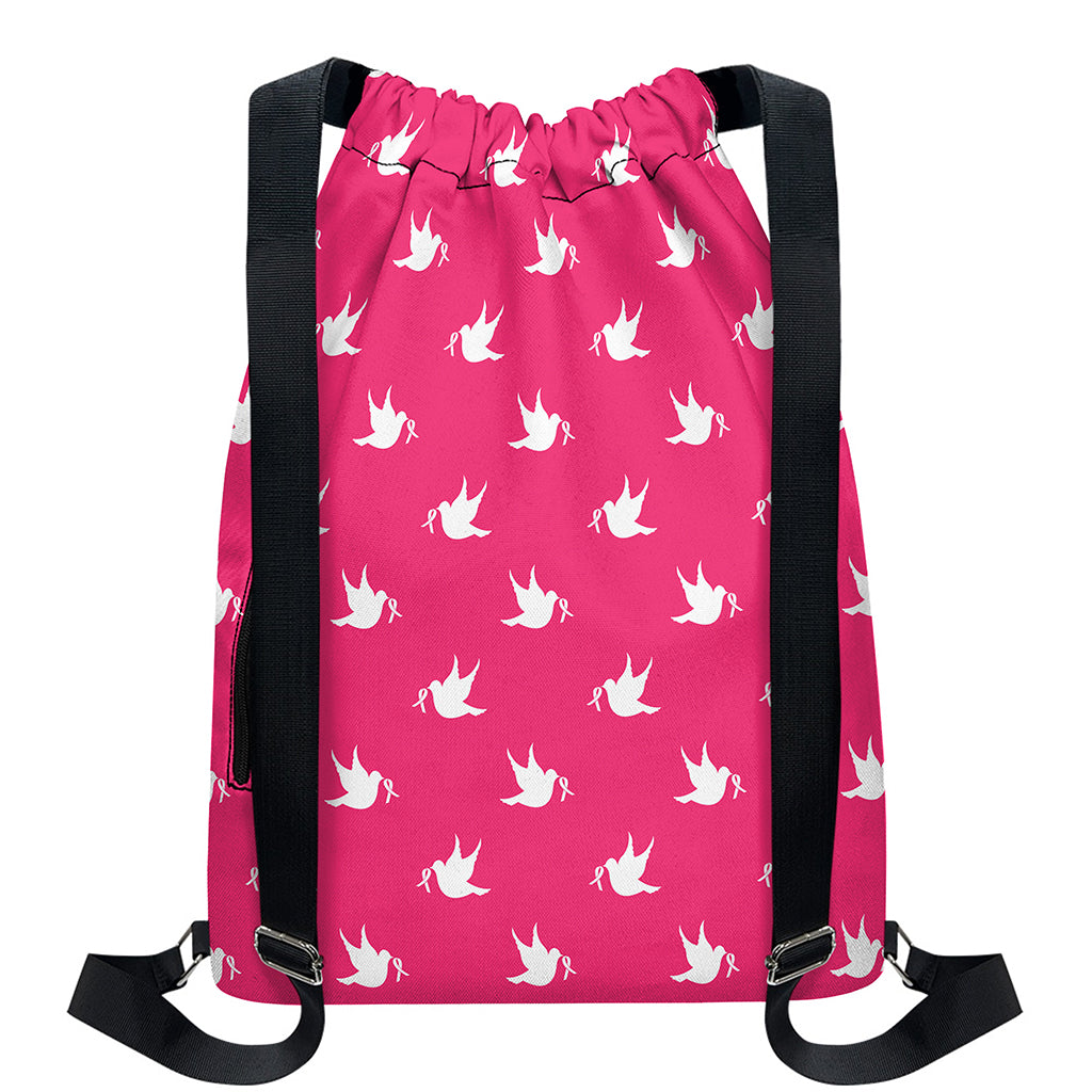 White Dove Breast Cancer Pattern Print Drawstring Backpack