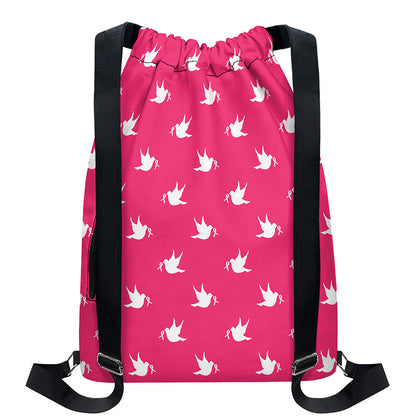 White Dove Breast Cancer Pattern Print Drawstring Backpack