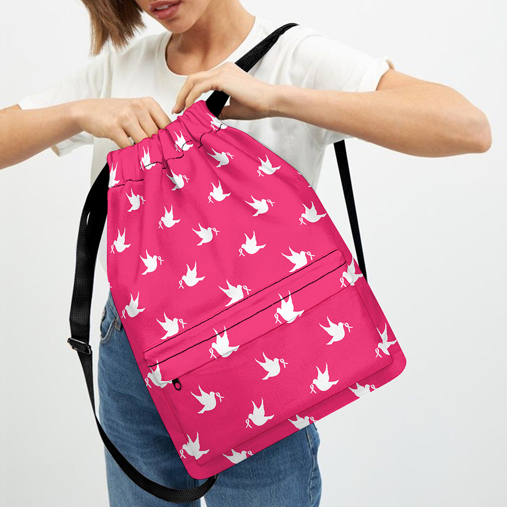 White Dove Breast Cancer Pattern Print Drawstring Backpack