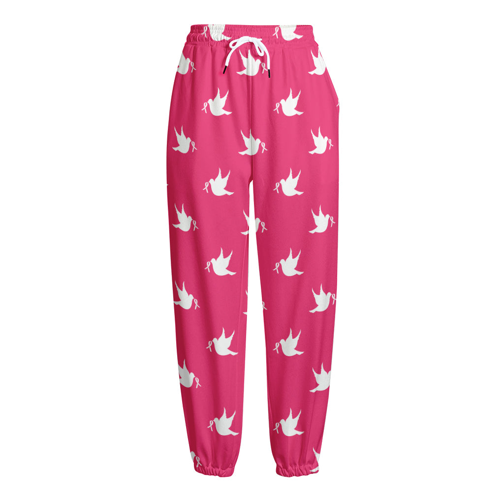 White Dove Breast Cancer Pattern Print Fleece Lined Knit Pants