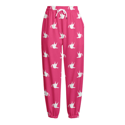White Dove Breast Cancer Pattern Print Fleece Lined Knit Pants