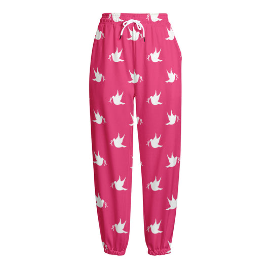 White Dove Breast Cancer Pattern Print Fleece Lined Knit Pants