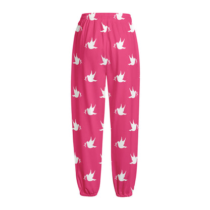 White Dove Breast Cancer Pattern Print Fleece Lined Knit Pants