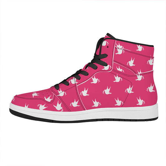 White Dove Breast Cancer Pattern Print High Top Leather Sneakers