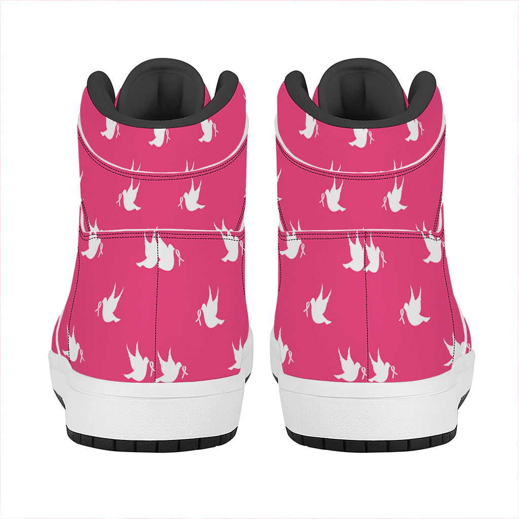 White Dove Breast Cancer Pattern Print High Top Leather Sneakers