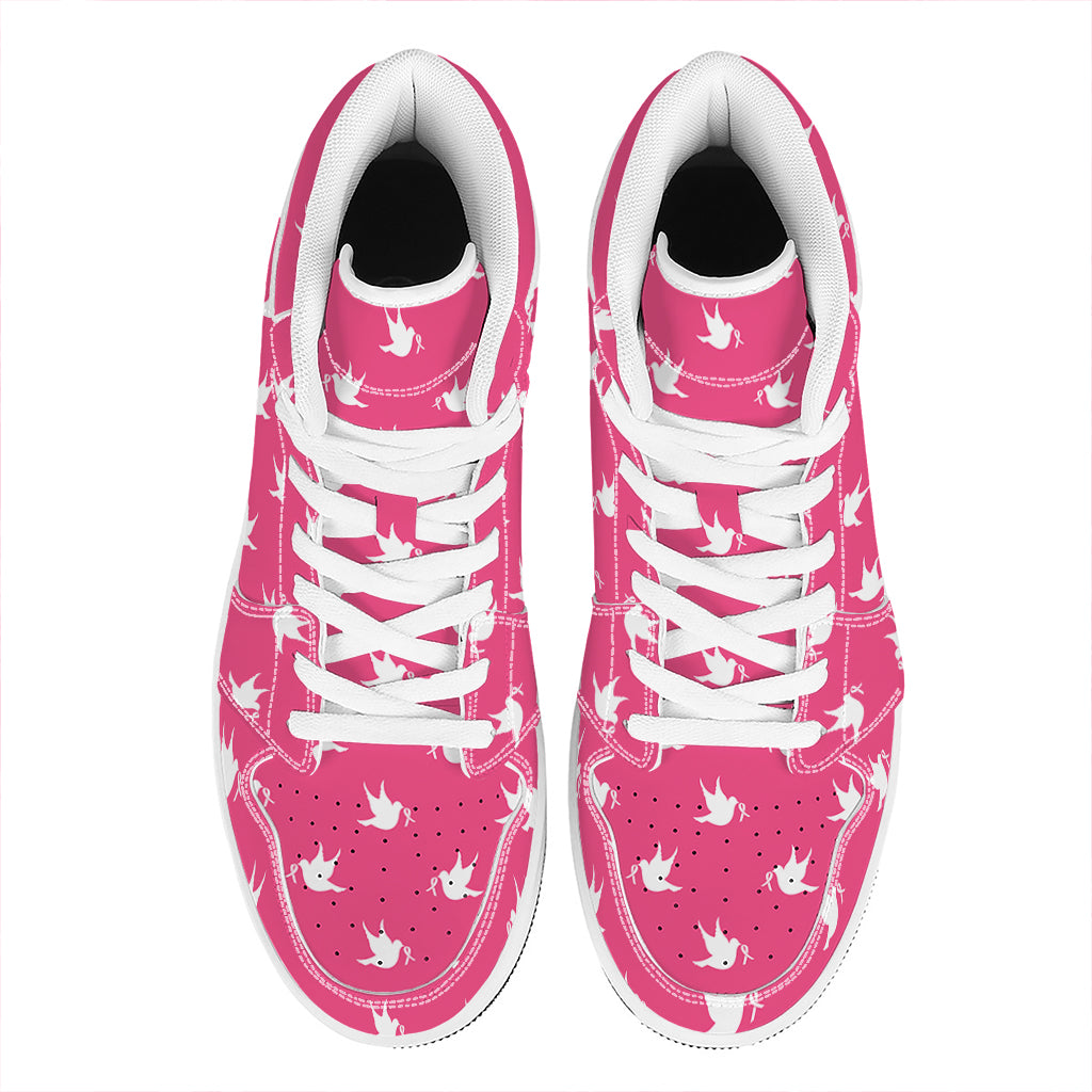 White Dove Breast Cancer Pattern Print High Top Leather Sneakers