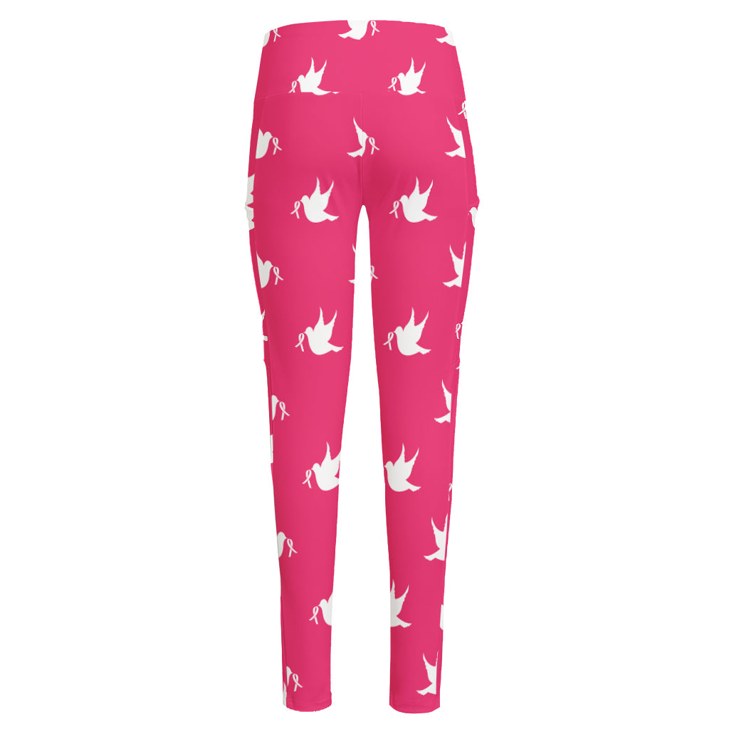 White Dove Breast Cancer Pattern Print High-Waisted Pocket Leggings