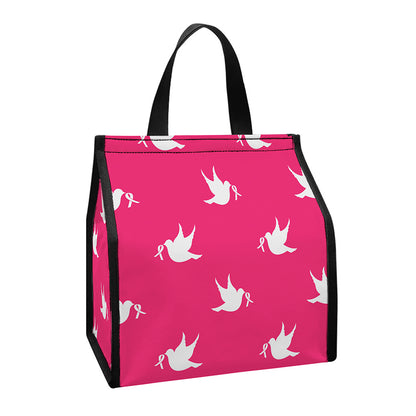 White Dove Breast Cancer Pattern Print Insulated Lunch Tote