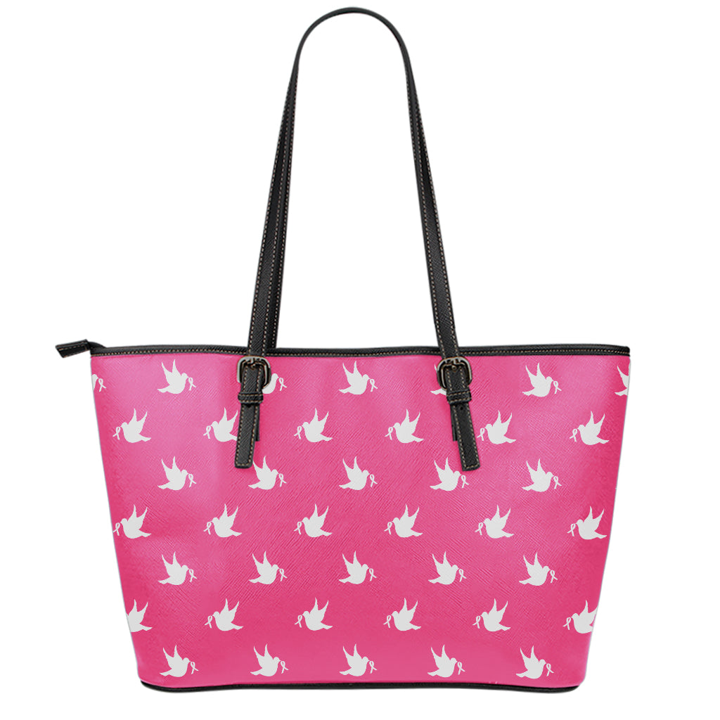 White Dove Breast Cancer Pattern Print Leather Tote Bag