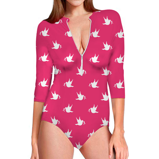 White Dove Breast Cancer Pattern Print Long Sleeve Swimsuit