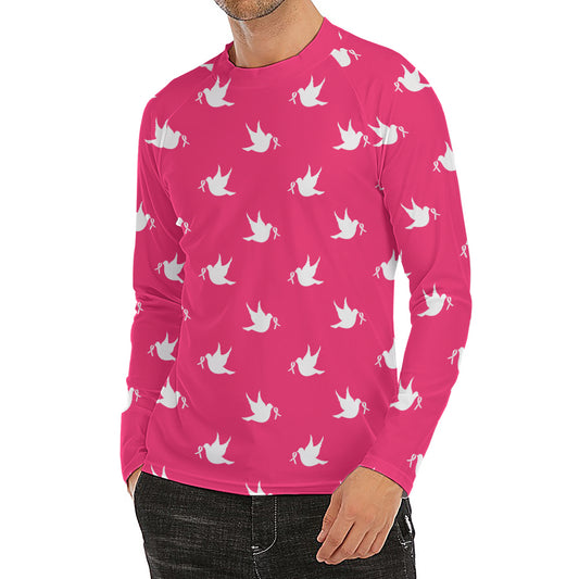 White Dove Breast Cancer Pattern Print Men's Long Sleeve Rash Guard