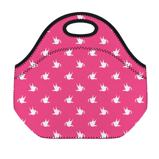White Dove Breast Cancer Pattern Print Neoprene Lunch Bag