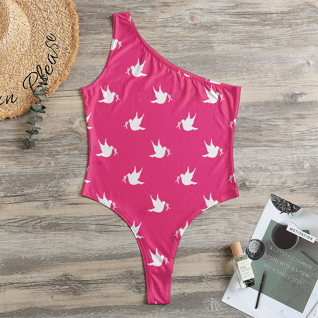 White Dove Breast Cancer Pattern Print One Shoulder Bodysuit