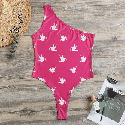White Dove Breast Cancer Pattern Print One Shoulder Bodysuit