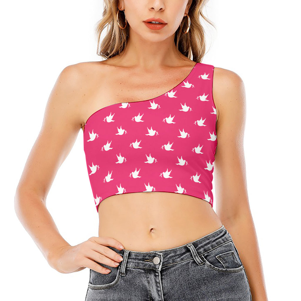 White Dove Breast Cancer Pattern Print One Shoulder Crop Top