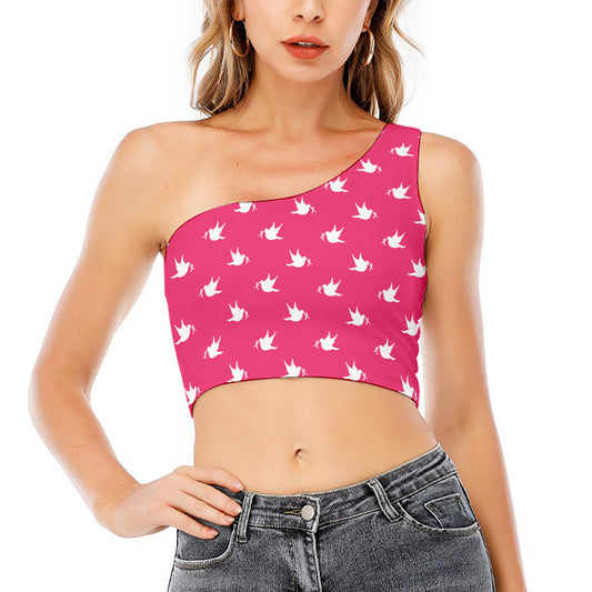 White Dove Breast Cancer Pattern Print One Shoulder Crop Top