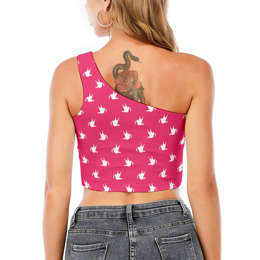 White Dove Breast Cancer Pattern Print One Shoulder Crop Top