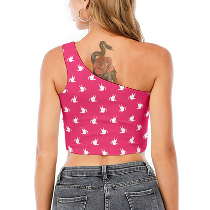 White Dove Breast Cancer Pattern Print One Shoulder Crop Top