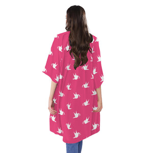 White Dove Breast Cancer Pattern Print Open Front Beach Cover Up