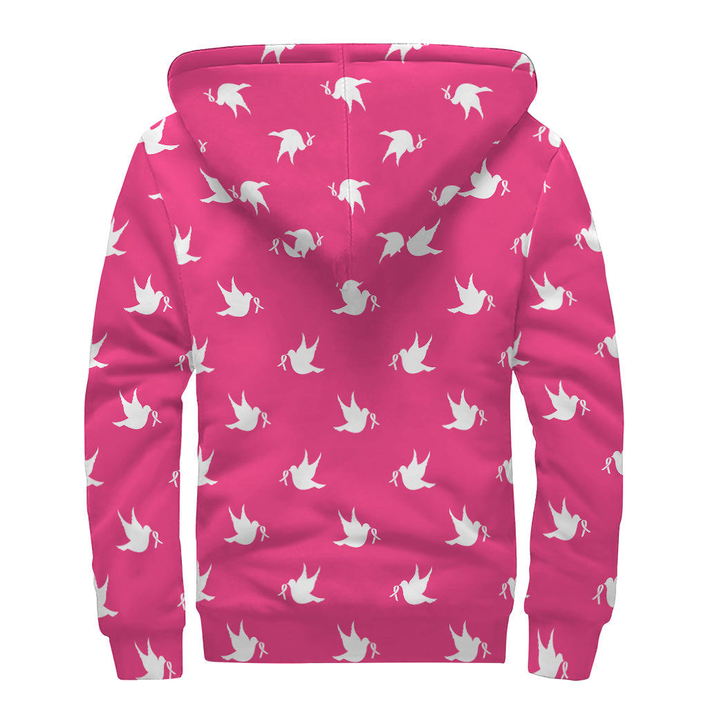 White Dove Breast Cancer Pattern Print Sherpa Lined Zip Up Hoodie