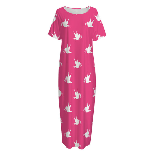 White Dove Breast Cancer Pattern Print Short Sleeve Long Nightdress