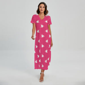 White Dove Breast Cancer Pattern Print Short Sleeve Maxi Dress